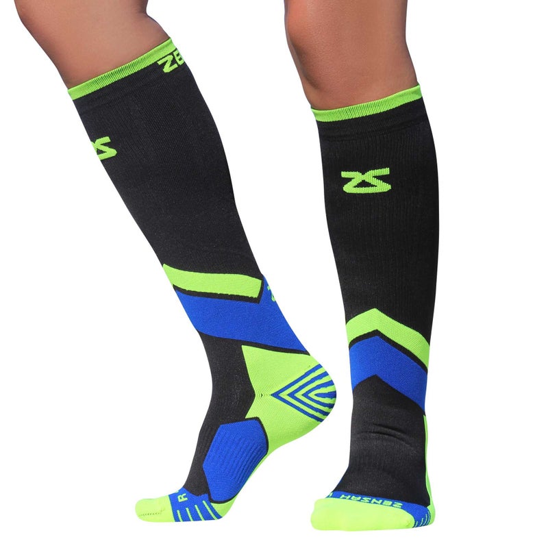 Zensah Tech+ Compression Socks - Knee High Running Socks for Sports, Travel, Made in Italy (Black/Yellow/Blue, Large) - Image 1